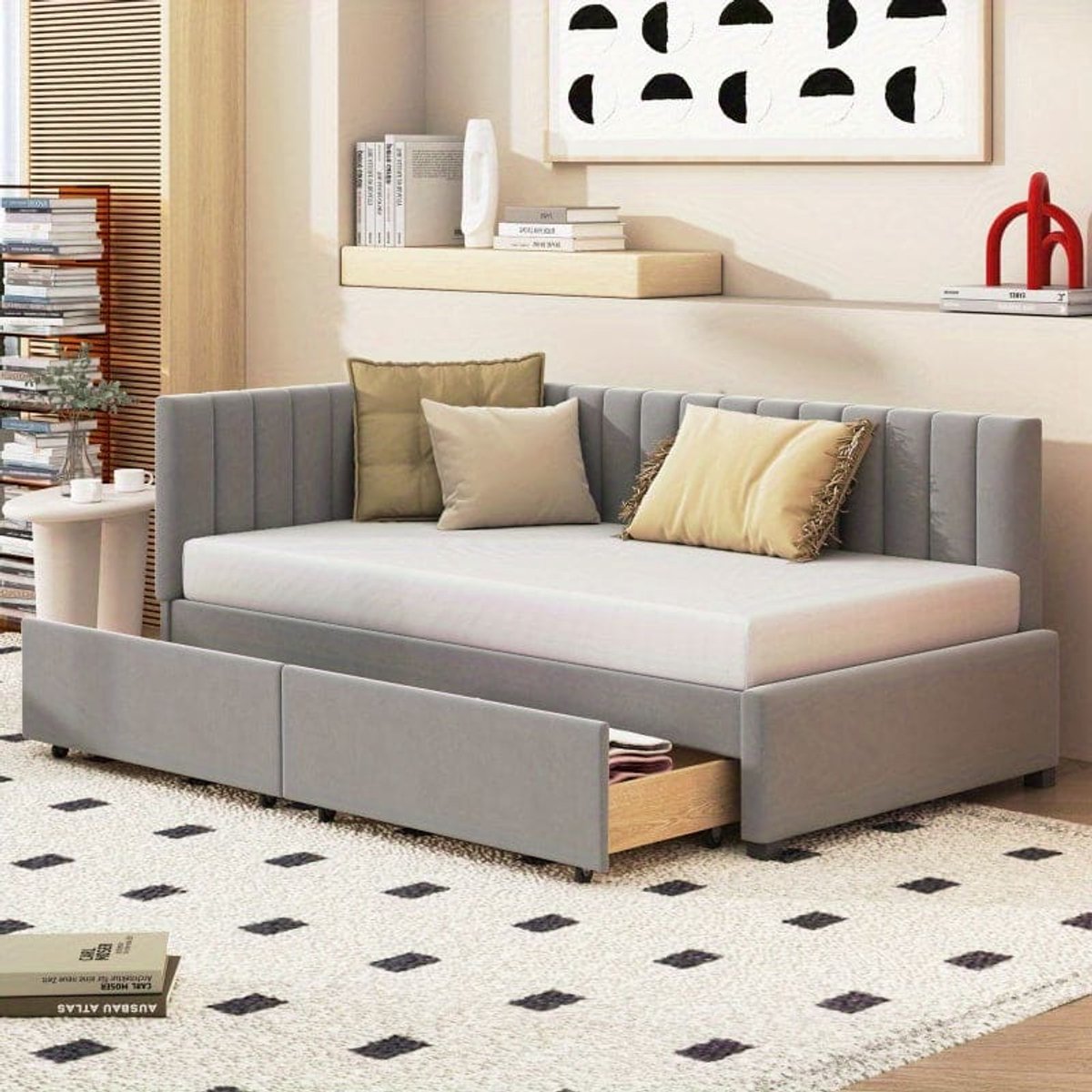 Slaapbank – Bedbank – Logeerbed – Sofa Bed – Slaapbank Met Opbergruimte – 90x200 cm – Fluweel Grijs/Beige – 2 Ruime Laden – Lattenbodem – Eenvoudige Montage