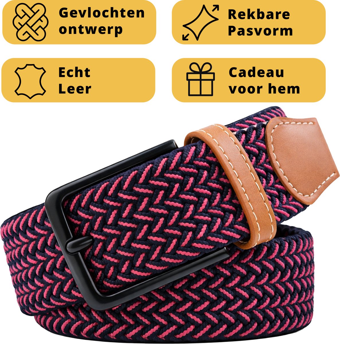 Garzini Elastische Riem Heren - Gevlochten Broekriem Heren zonder gaatjes - Broekriem zonder gaatjes - W31-W33 (91-99 cm) - Blauw Rood