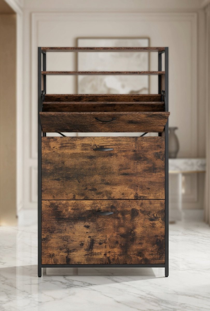 SlimLine Premium Schoenenkast met 3 Kleppen & Open Opbergruimte – Smalle Schoenenkast 30x80x130 cm – Industriële Schoenopberger voor Hal & Gang – House&Garden
