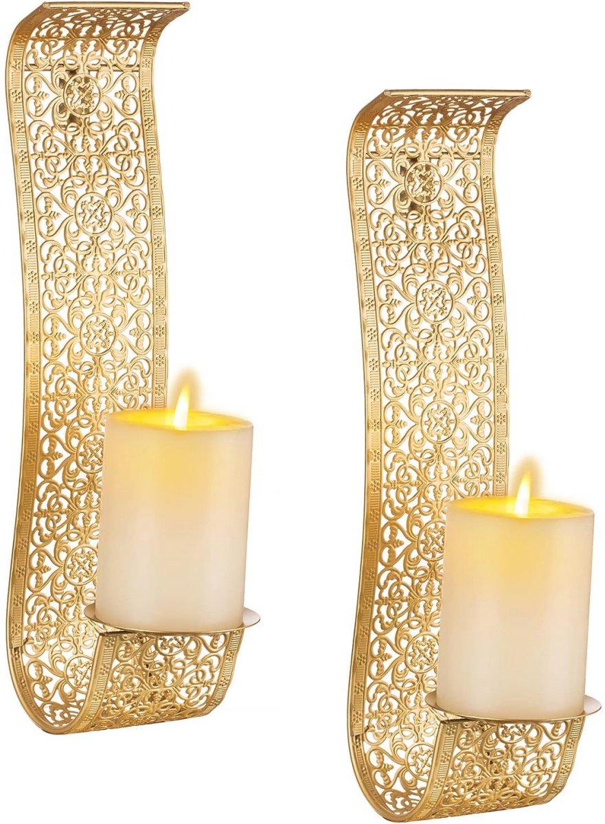 longziming -Wandkandelaars – Metalen Candle Sconce voor Stompkaarsen en Theelichtjes – Vintage Wandkaars Houder Antiek Goud – Decoratieve Wandverlichting voor Woonkamer en Slaapkamer – 2 stuks