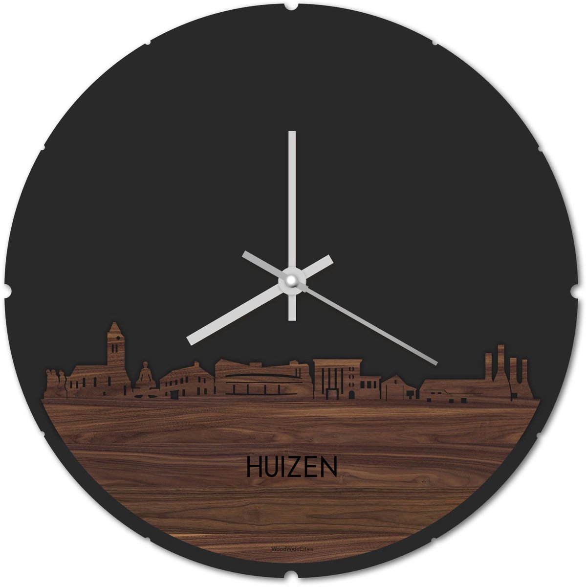Skyline Klok Rond Huizen Notenhout - Ø 44 cm - Stil uurwerk - Wanddecoratie - Meer steden beschikbaar - Woonkamer idee - Woondecoratie - City Art - Steden kunst - Cadeau voor hem - Cadeau voor haar - Jubileum - Trouwerij - Housewarming -
