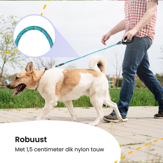 Man loopt met hond aan een turquoise riem van 1,5 cm dik nylon touw
