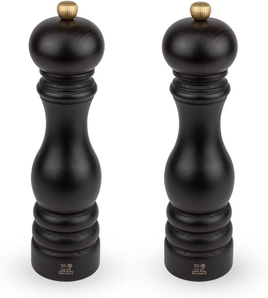 Twee zwarte Peugeot molens met gouden knop en Peugeot-logo.