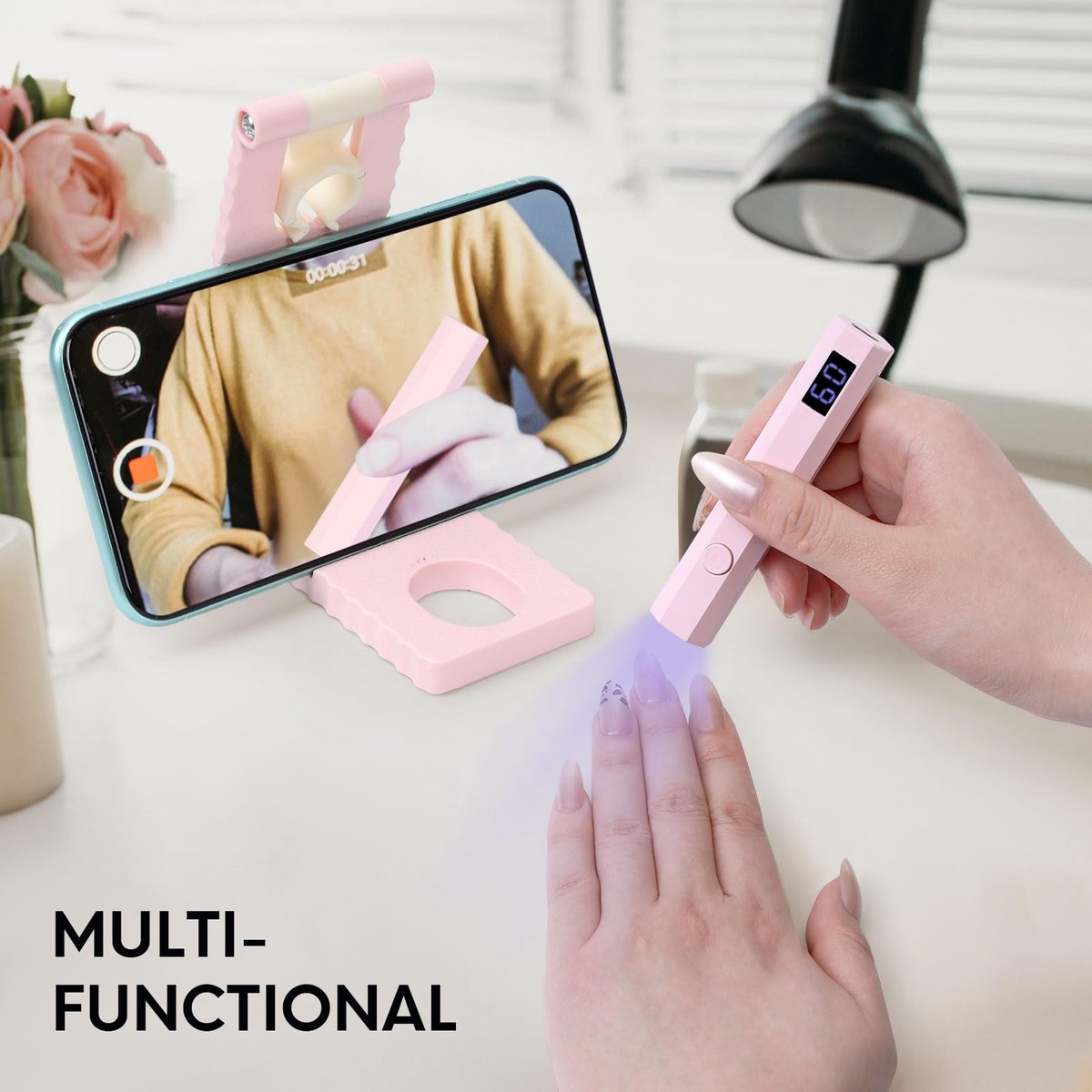 Namajunas - Mini Nagellamp - UV-lamp voor Gelnagels - Met Standaard - Oplaadbaar - Draagbare Nagellamp - LED Nagellamp - 2 Timerstanden Nageldroger - Nagel lamp - DIY-nagels - Nagelstyling — cadeau in Verzorging - foto 4