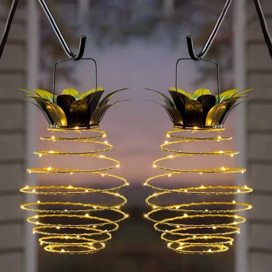 Set van 2 hangende solar lantaarns - 60 LED's - Ananasvormige solar Tuinverlichting - tuinverlichting op zonneenergie - tuinverlichting led buiten - 15,5 cm * 15,5 cm * 25 cm - Smeedijzer
