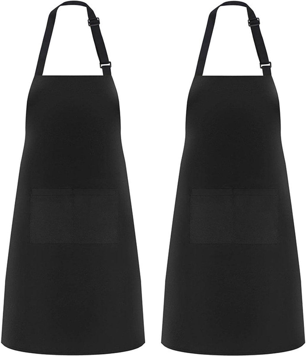 Schort - Keukenschort heren/dames - Verstelbaar Unisex Kookschort - Met 2 Opbergzakken - voor Koken Bakken Schilderen - 2 stuks - Zwart