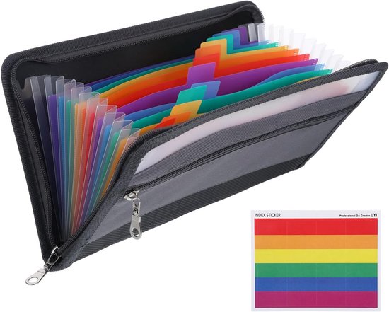 Grijze map met 13 kleurrijke vakken en een pakje regenboogkleurige indexstickers.