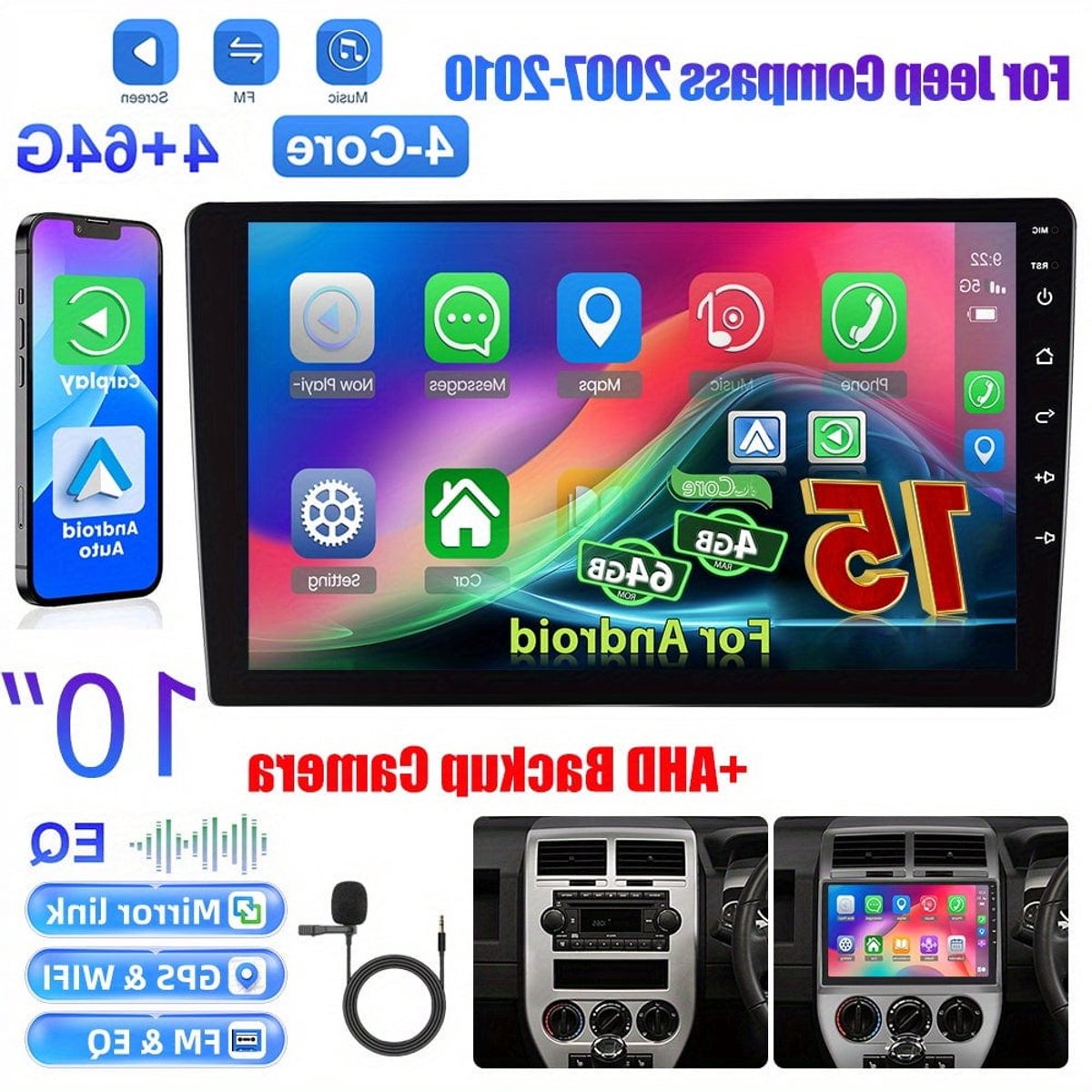 Autoradio Jeep Compass – Dubbele Din Stereo – Multimedia Systeem – Touchscreen Radio – Navigatie Radio – Met AHD Achteruitrijcamera En Microfoon – 10 Inch Full HD Display – Draadloze CarPlay & Android Auto