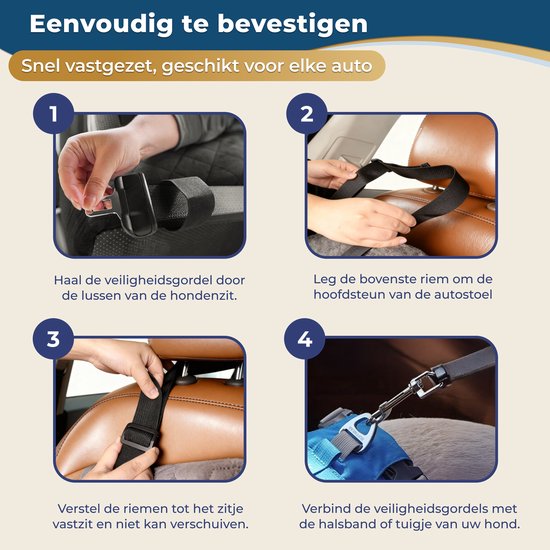 Stappenplan voor het bevestigen van de honden autostoel: veiligheidsgordel door lussen, riem om hoofdsteun, riemen vastzetten, verbinden met hond.