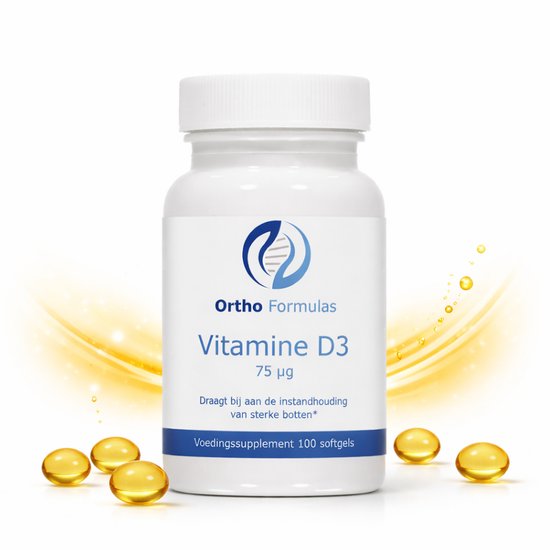 Flesje Ortho Formulas Vitamine D3 75 µg met 100 softgels op witte achtergrond met gele accenten.