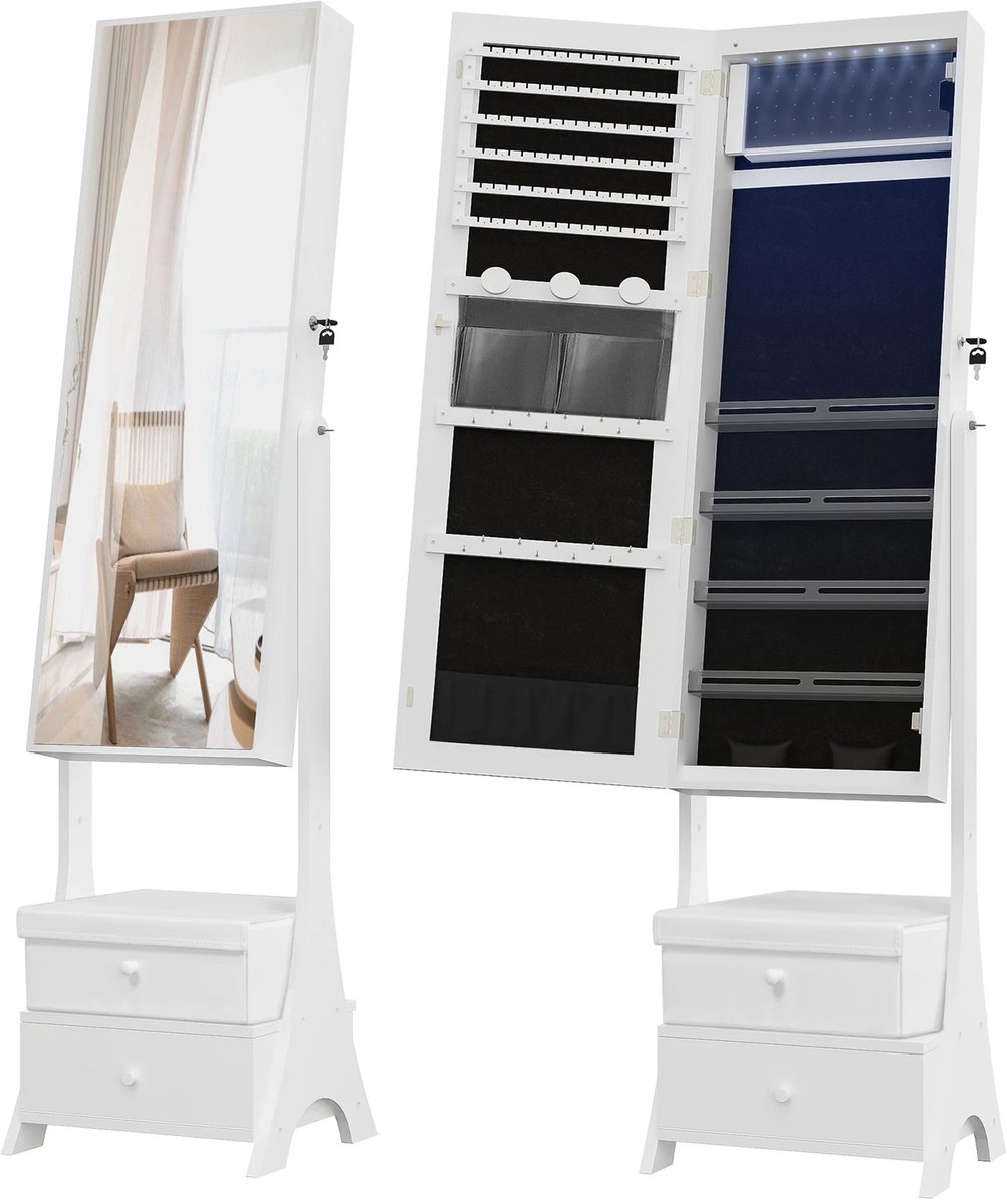 Sieradenkast, hoge, frameloze spiegel met sieradenhouder en organizer, vrijstaande opbergkast voor make-up en sieraden met 1 lade en 5 vakken.