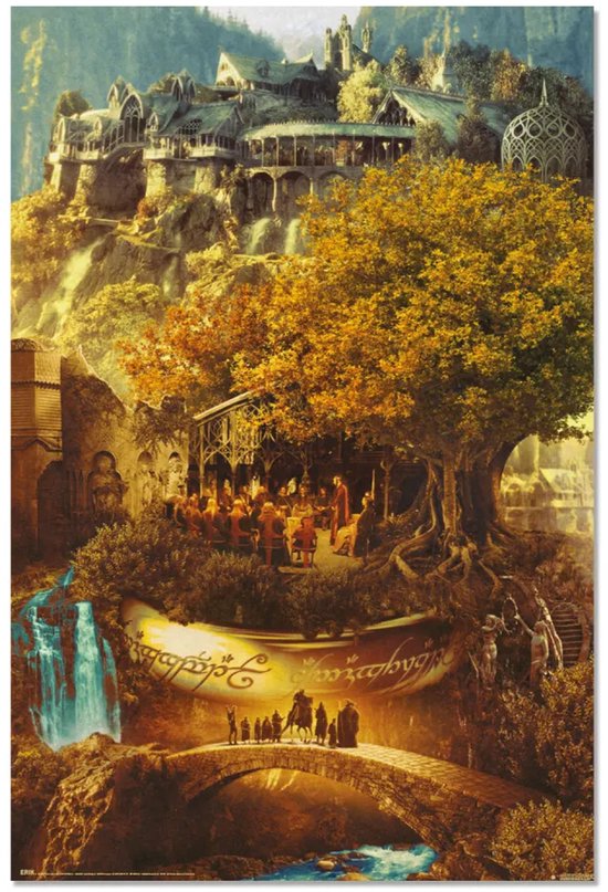 Affiche du film Le Seigneur des Anneaux avec la ville de Fondcombe et un groupe de personnes sur un pont.