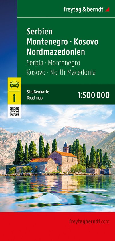 Straßenkarte Serbien, Montenegro, Kosovo, Noord-Macedonië, schaal 1:500 000, met een afbeelding van een kerk op een eiland omringd door water en bergen.
