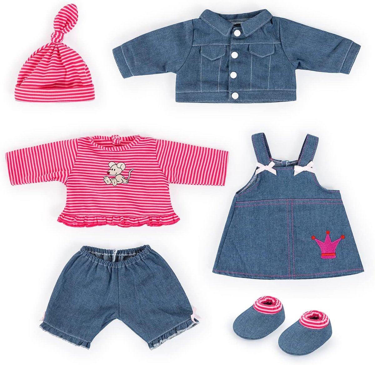 Poppenkleding Set Meerdere Delen voor Poppen tot 46cm - Rood, Blauw, Roze