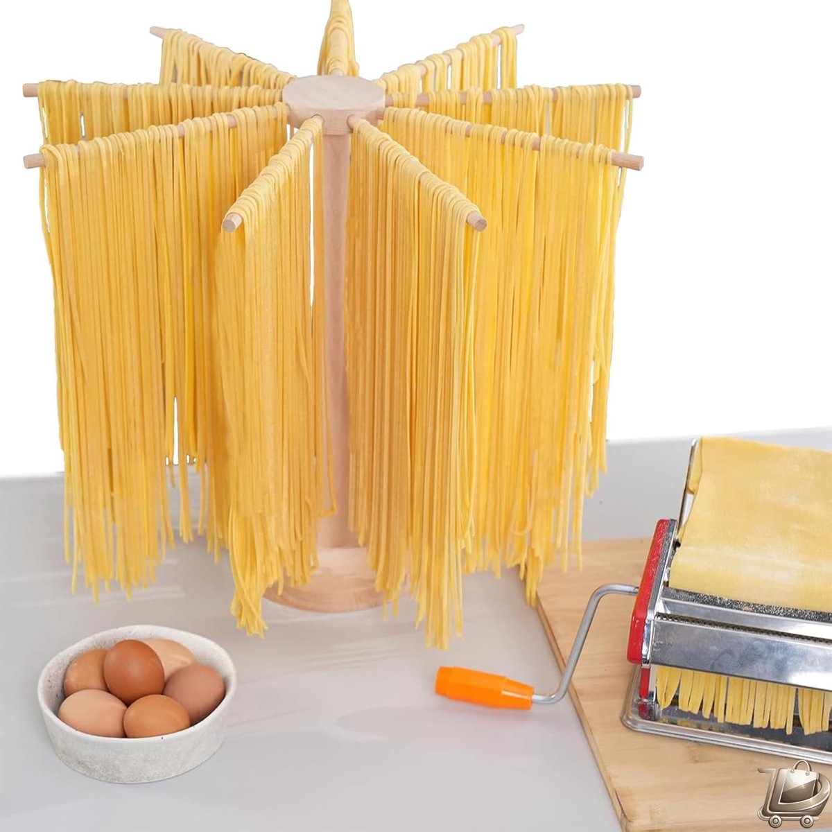 Pastadroger Set met Houten Frame - 9 Afneembare Armen - Inclusief Basis - Opvouwbaar en Herbruikbaar - Voor Tagliatelle en Grote Pastasoorten - Hoogte 45 cm
