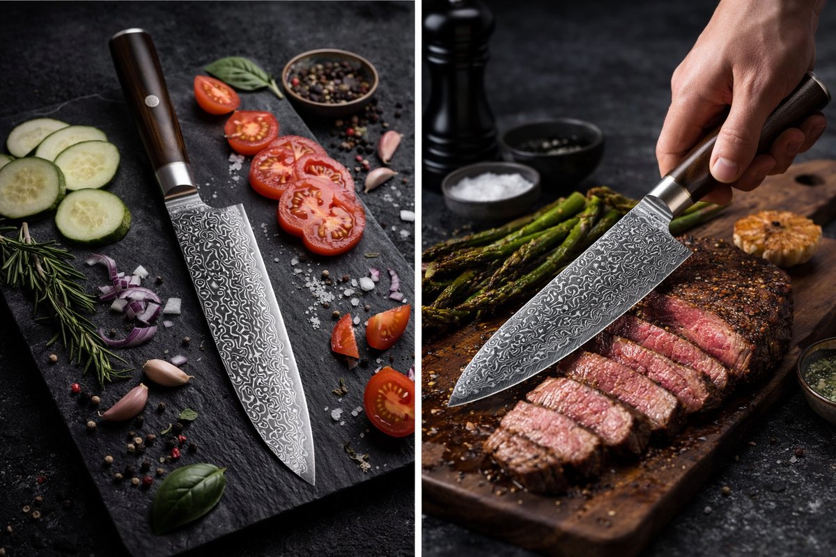 Kaëru® Damascus VG10 Santokumes – 67-Lagen – Japanse stijl – Voor Precisiewerk & Dagelijks Gebruik – Houten Handvat – Met luxe geschenkdoos –Geschikt voor Vlees, Vis en Groente