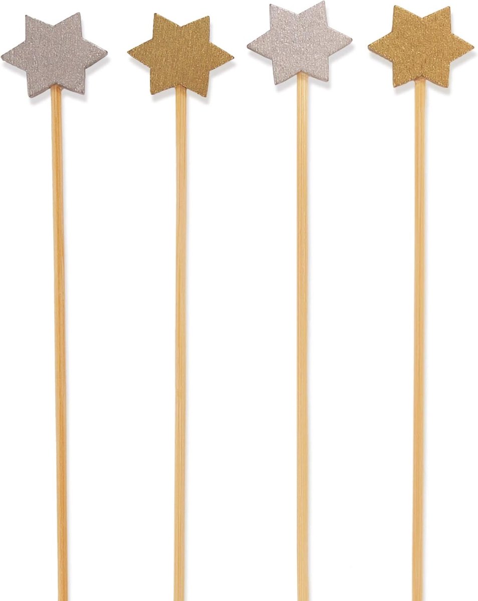 6-punts Star Bamboe Picks - 15 cm - Goud, Zilver - 300 stuks