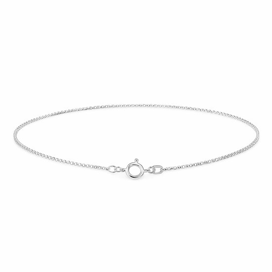 Fijne zilverkleurige ketting met een ronde sluiting en een karabijnsluiting, gedrapeerd in een zachte boog.