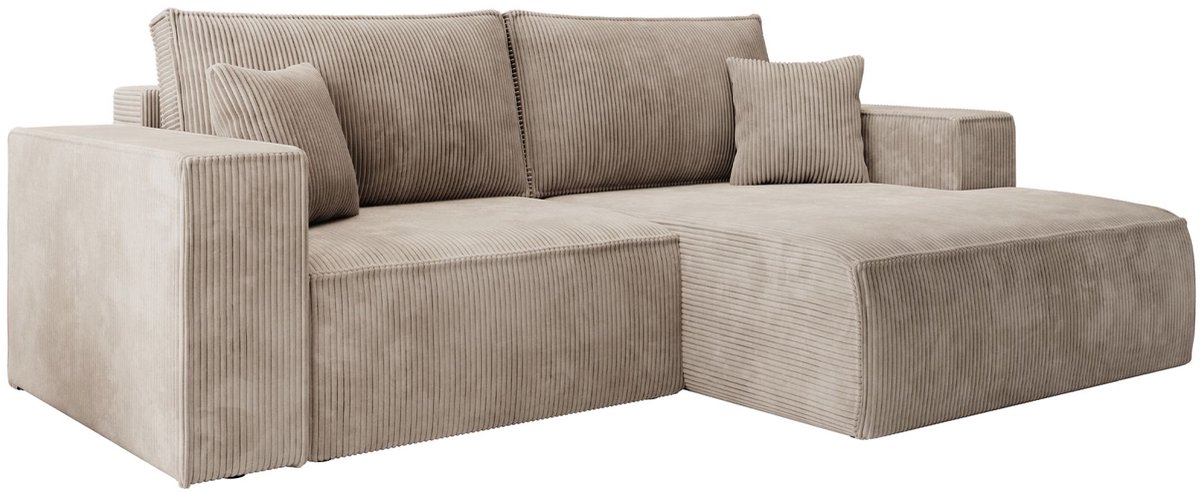 Selsey Farese Mini – Hoekbank met ribfluweel, slaapfunctie en opbergruimte, beige, rechts