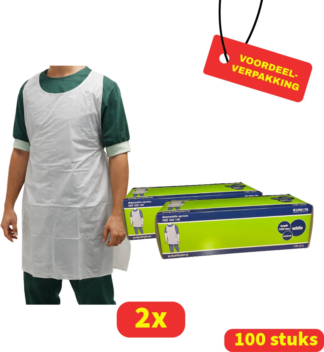 Klinion Plastic Schort 125 cm Emboss - 2 x 100 stuks - Latexvrij - Wit - Dispencerdoos - Voordeelverpakking