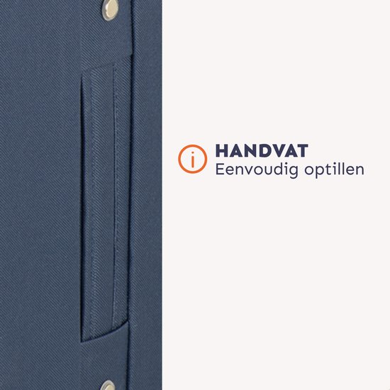 Donkerblauwe koffer met een ingewerkt handvat.