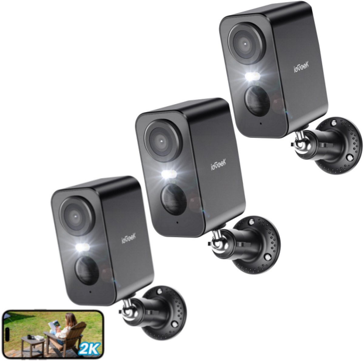 ieGeek Beveiligingscamera Draadloos Buiten – 2K Ultra HD - Camerabewaking - Bewakingscamera Voor Buiten - Buitencamera - Buiten Camera Met Nachtzicht - Oplaadbaar - Met WiFi en APP - Zwart - 3 Stuks