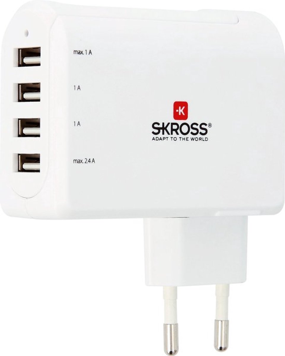 Skross Euro USB Oplader 4 Poorten – Wereldstekker Oplader – 4x USB – 4.8A – Voor Smartphone, Tablet & USB Apparaten