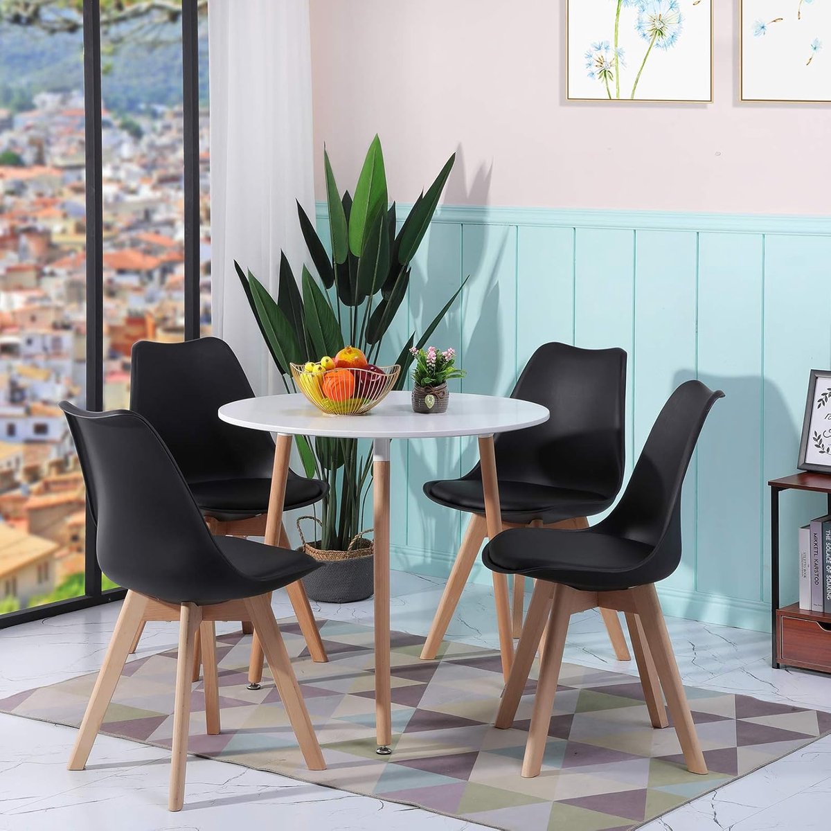 Ronde eetkamercombinatie met 4 stoelen - witte tafel met zwarte of grijze stoelen, modern design, massief houten frame, verstelbare voetkussens, ideaal voor keuken, woonkamer of balkon