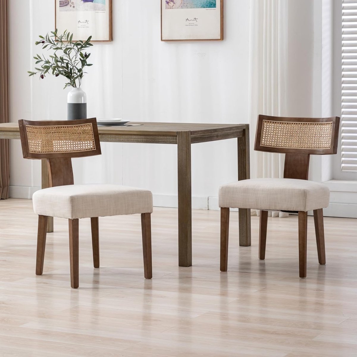 Set van 2 Gestoffeerde Eetkamerstoelen met Rotan Rugleuning - Houten Frame - Comfortabele