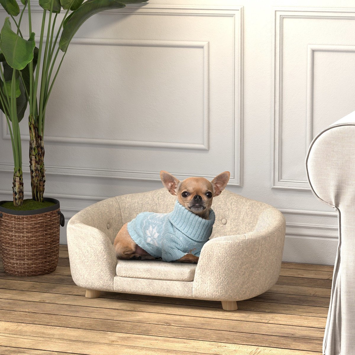 Hondenmand – Huisdier Sofa – Dierenbed – Hondenkussen – Kattenmand – Crème Kleur – Pluche Kussen – Stevig Dennenhouten Frame – 70x47x30 cm