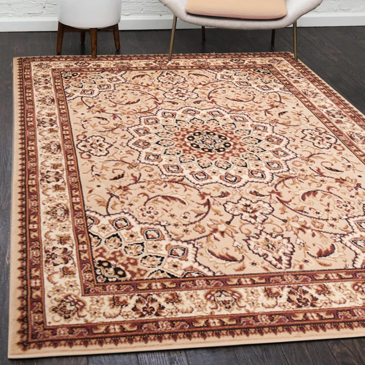 Beige oriëntaals vloerkleed 160x230 cm - kortpolig tapijt met Perzisch patroon - laag onde