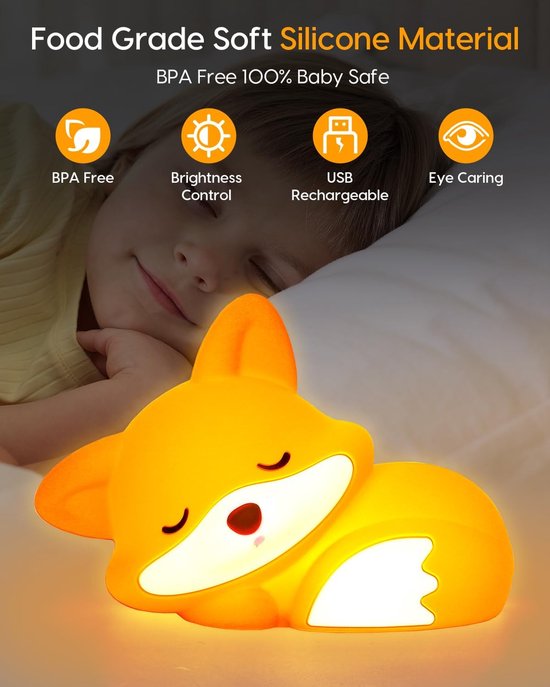 LED Fox Nachtlamp - Oplaadbaar Nachtlampje Kinderen & Baby - Schattig Fox - 2 Standen Dimbaar - Siliconen - Lampje Slaapkamer - Knijplampje - Touch lamp - Dimbaar Nachtlampjes Voor Kinderen, Baby & Volwassenen