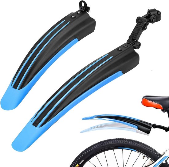 Zwarte en blauwe fietsspatborden met reflecterende strepen.
