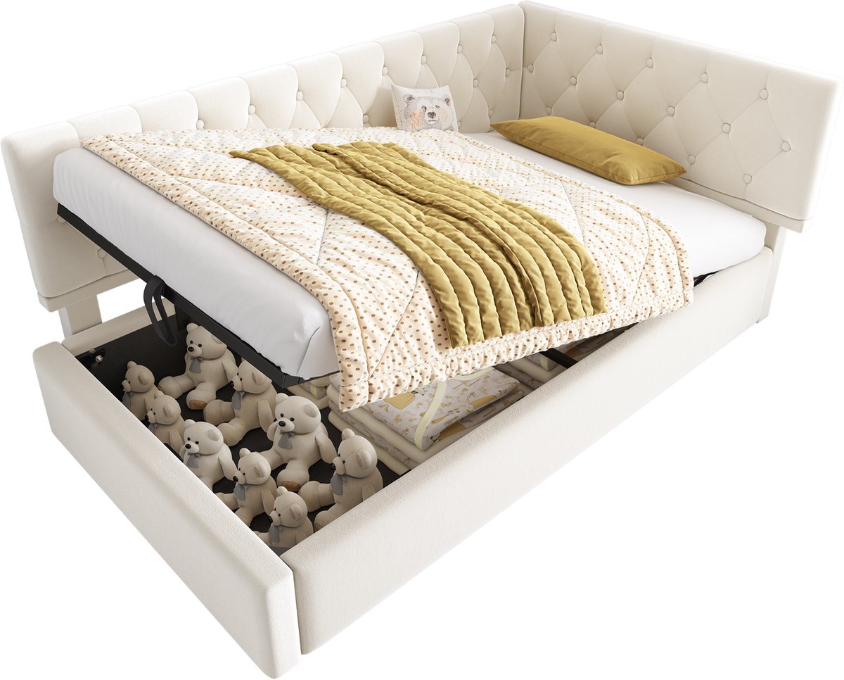 Wishdor Bedbank 90x200 cm - L-vormig met hydraulische opbergruimte - Fluweel - Beige - Creëer een rustieke lounge met verborgen opberger