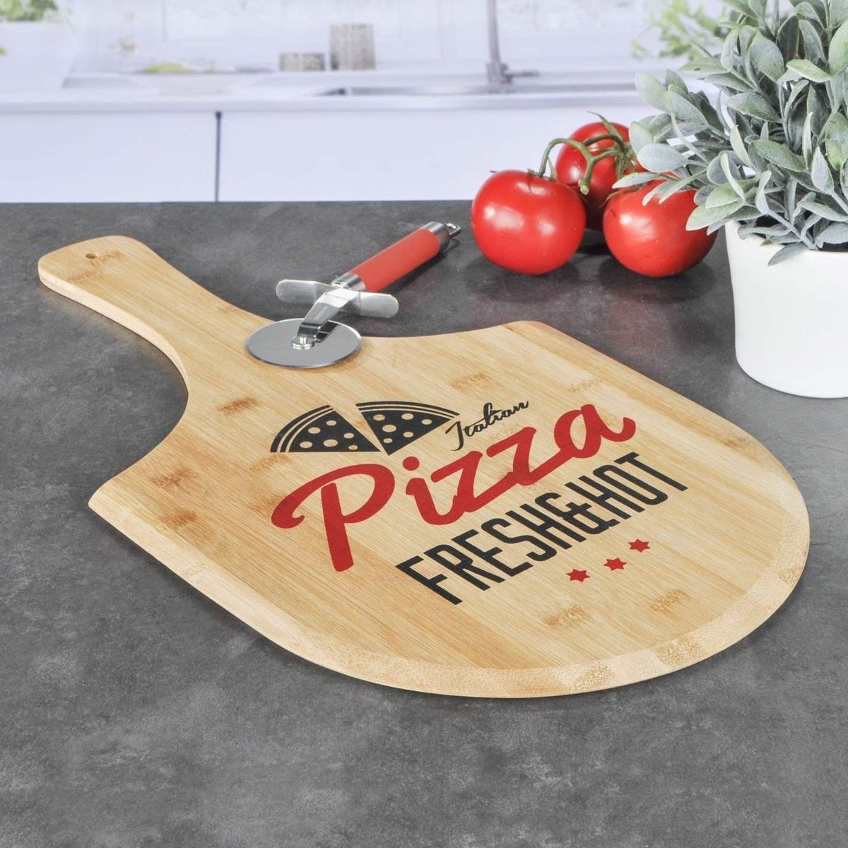 Bamboe pizzabord - houten pizza snijplank met handvat