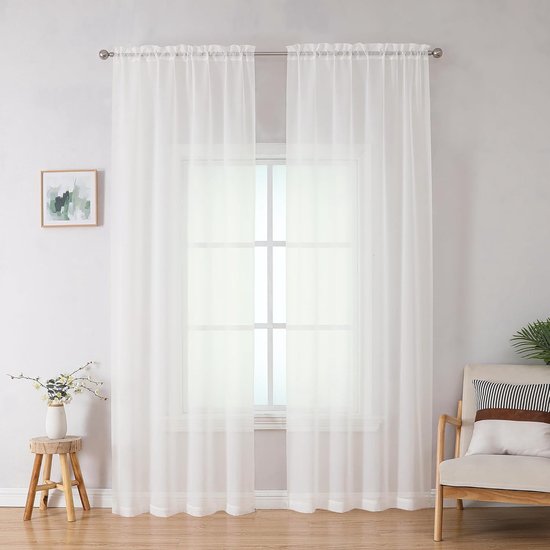 Voilage en deux parties - 100 x 130 cm - Rideaux semi-transparents - Voilage - Légers et doux - Rideaux de cuisine élégants et simples - Convient aux salles de bains, chambres à coucher et salons - Wit