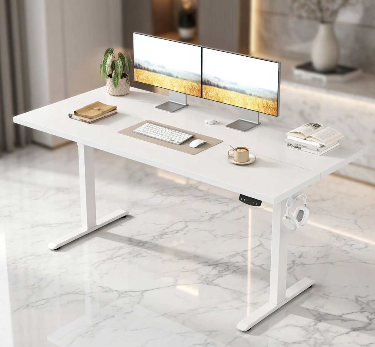 Elektrisch Verstelbaar Zit-Sta Bureau 100x60 cm – Hoogte Verstelbare Thuiswerk Bureau met Geheugenfunctie & Kabelmanagement – Wit House&Garden