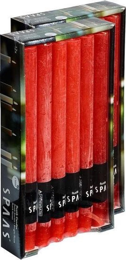 24x Rode rustieke rechte dinerkaarsen 25 cm 10 branduren - Geurloze kaarsen - Huishoudkaarsen/tafelkaarsen/kandelaarkaarsen