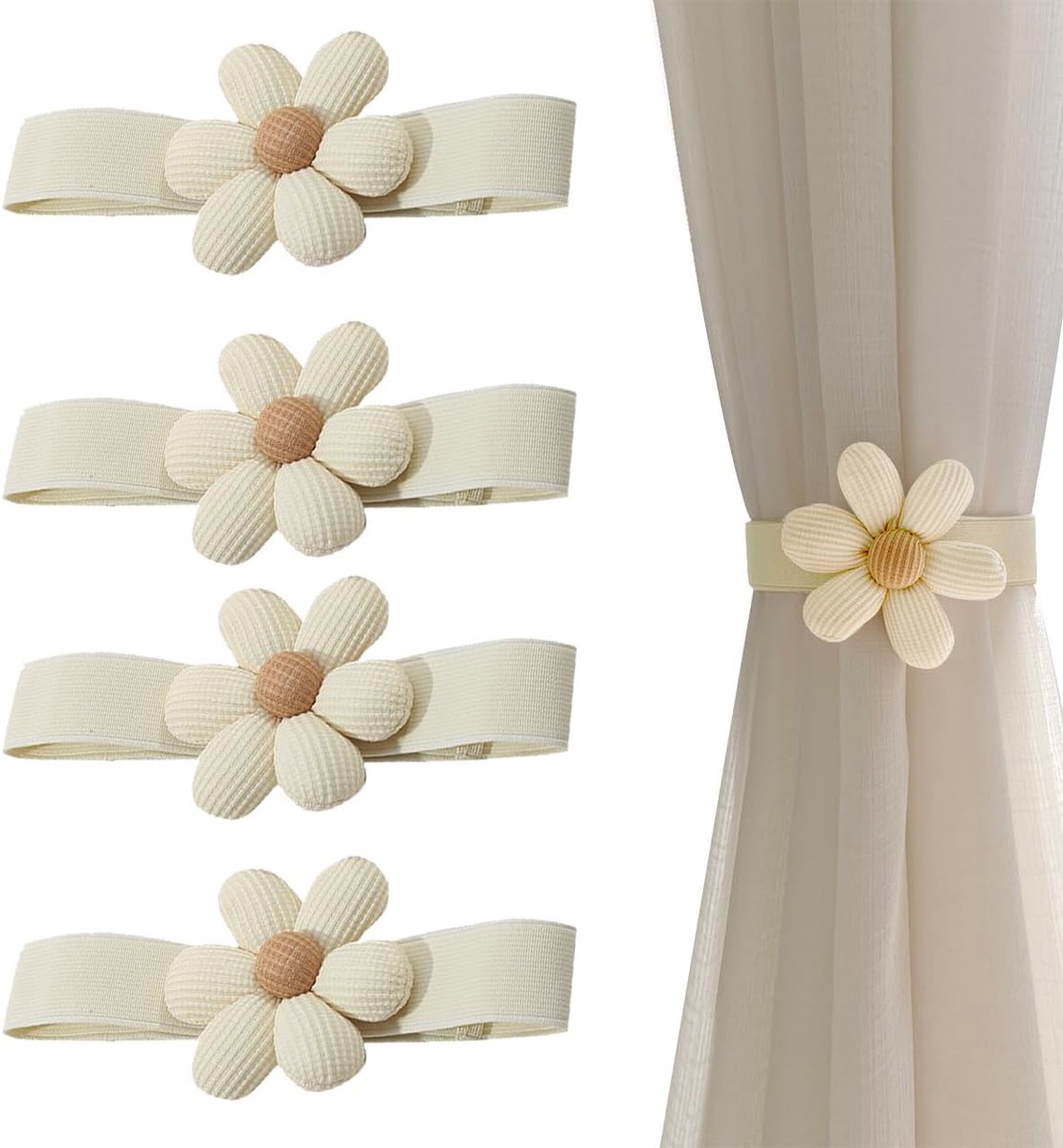 Famanu – 4 stuks gordijnhouders - creatieve gordijnhouders - mooie embrasses met bloemen - embrasses met elastiek voor de decoratie van ramen - woon- en werkruimtes - cafés - beige