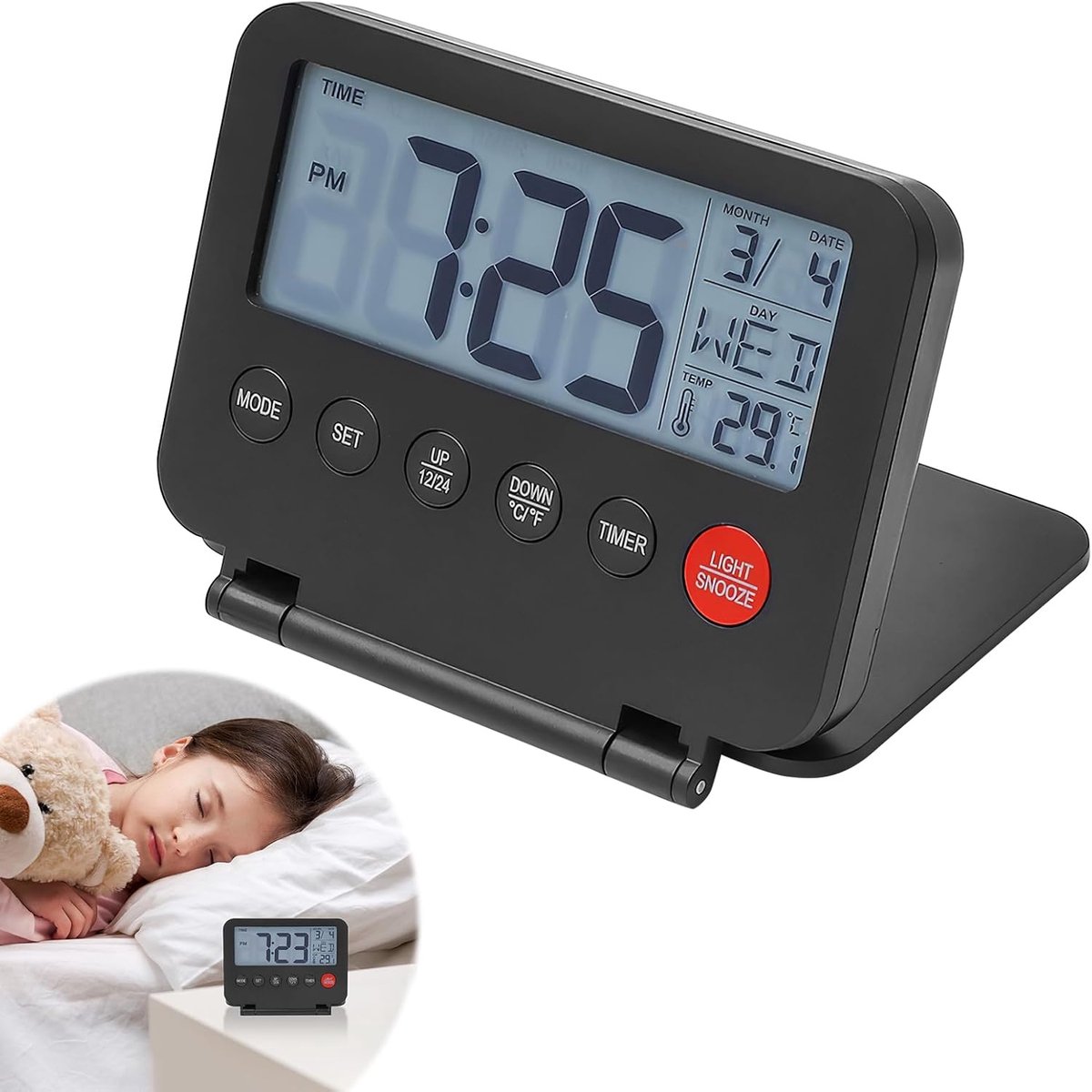 Mini opvouwbare digitale reiswekker met temperatuurkalender en achtergrondverlichting