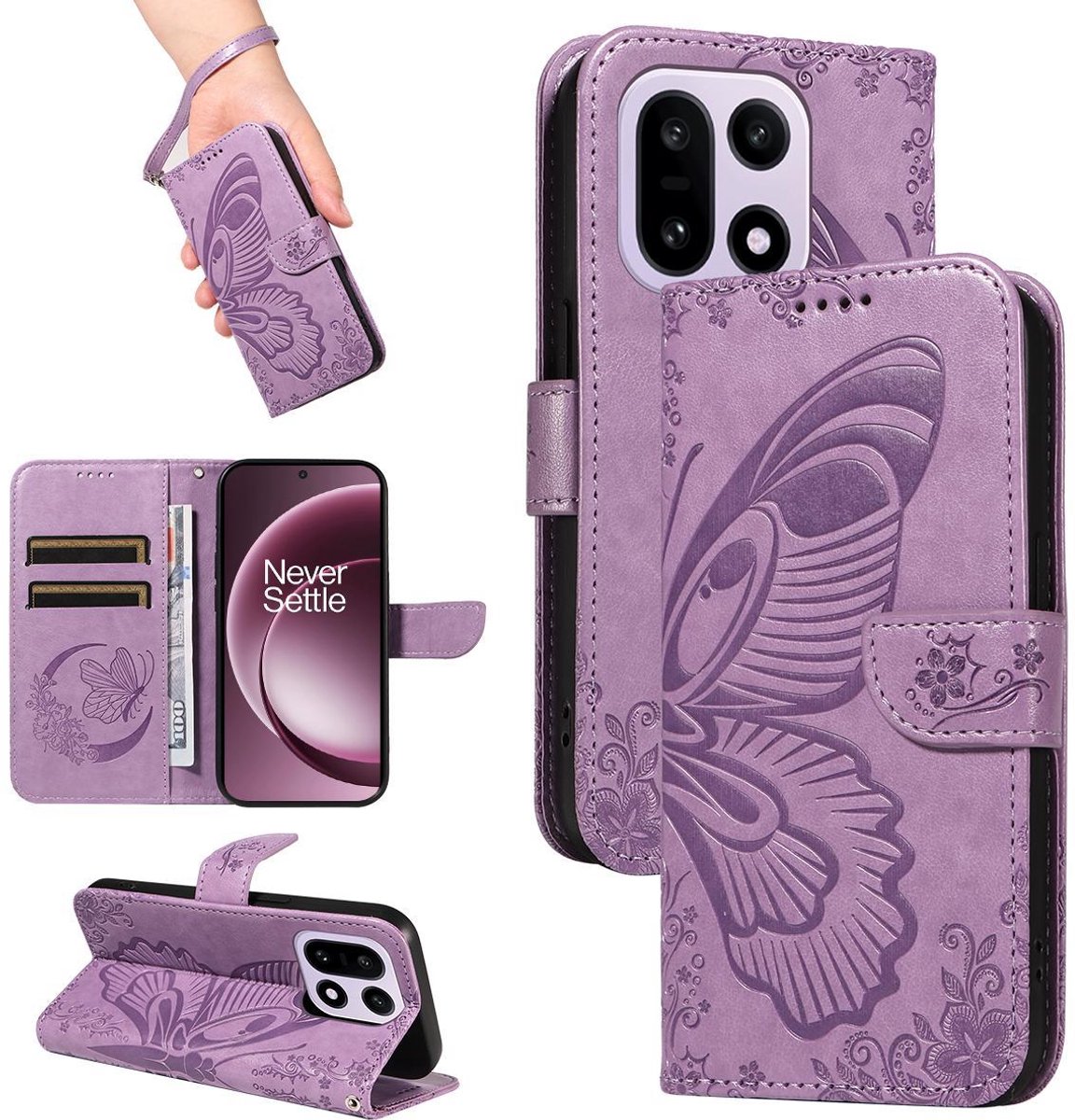 Mobigear Telefoonhoesje geschikt voor OnePlus 15 Hoesje | Mobigear Butterfly Bookcase Portemonnee | Pasjeshouder voor 2 Pasjes | Telefoonhoesje voor Pinpas / OV Kaart / Rijbewijs - Paars
