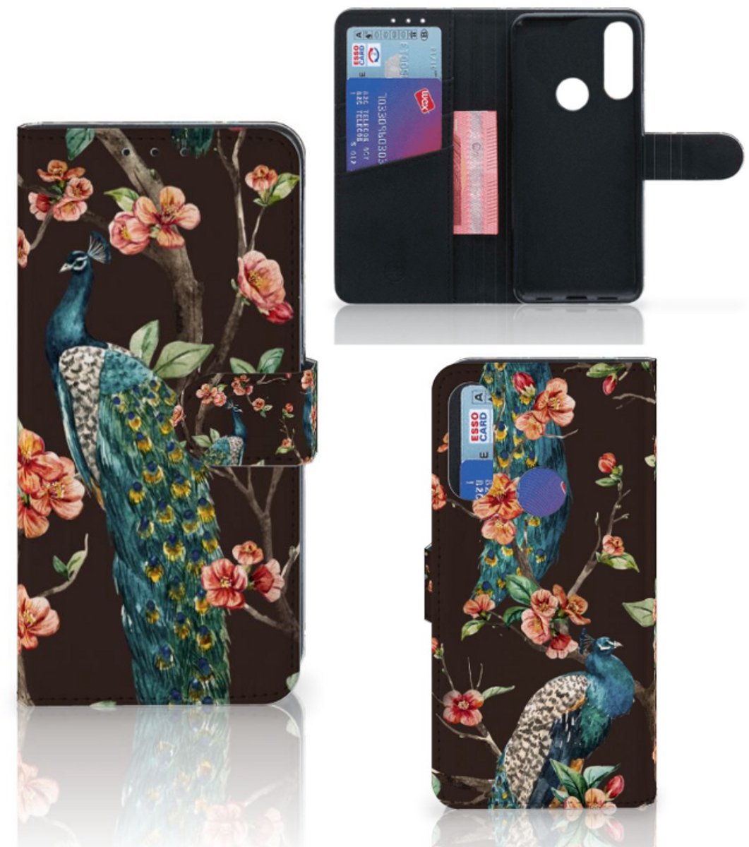 Alcatel 1S 2020 Telefoonhoesje met Pasjes Pauw met Bloemen