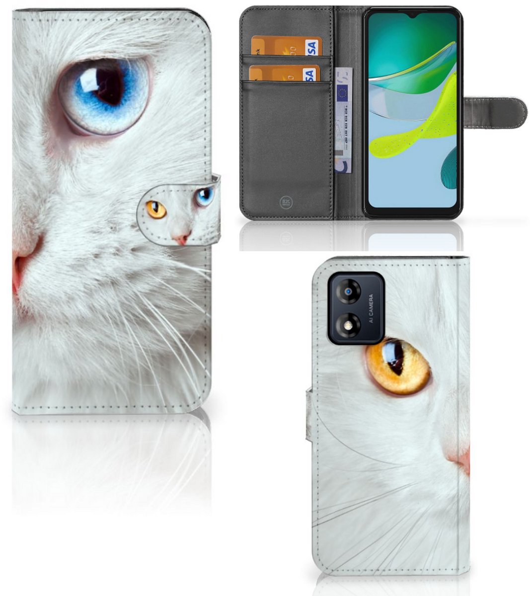 Motorola Moto E13 4G Telefoonhoesje met Pasjes Witte Kat