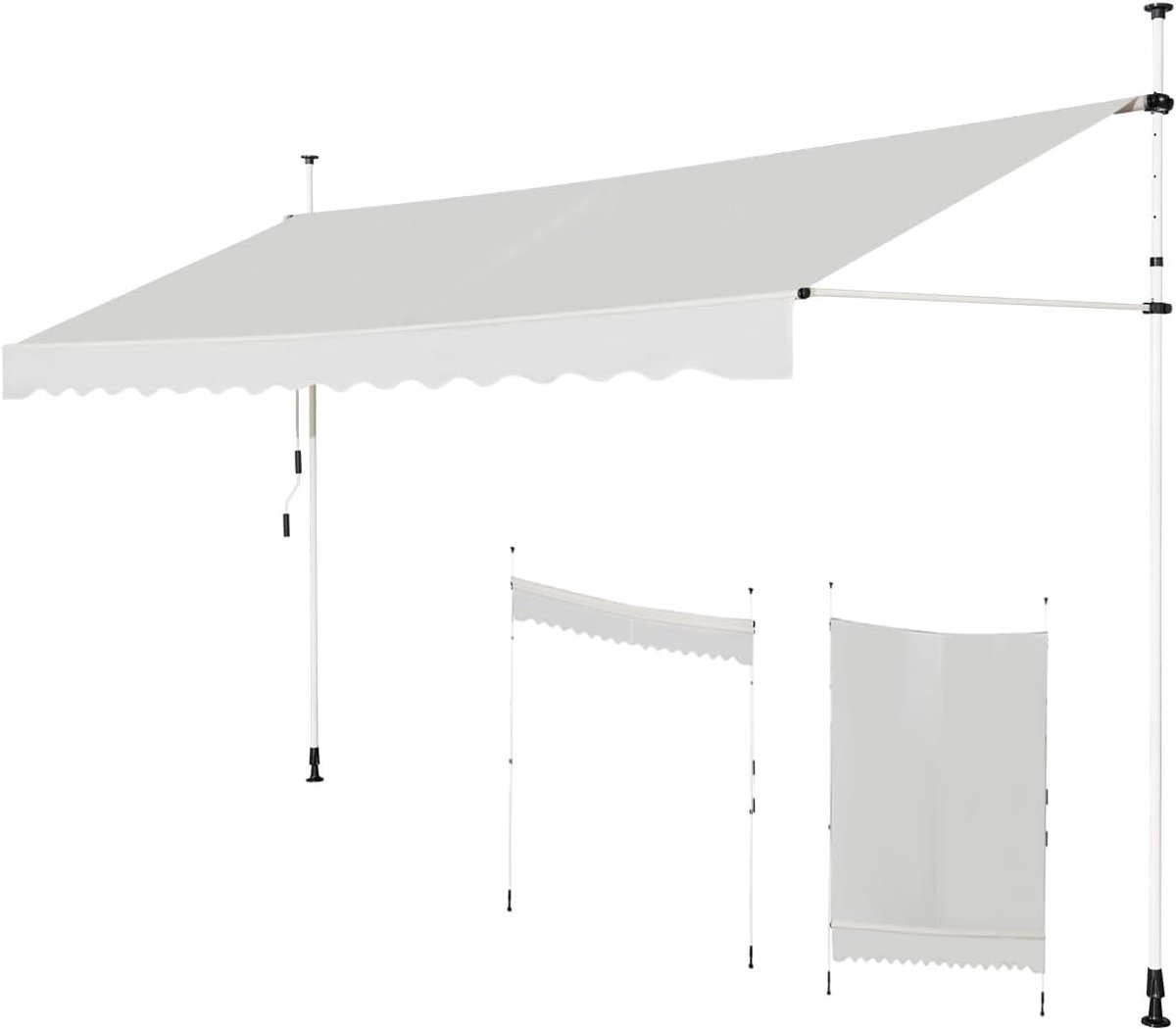 KOMFOTTEU Klemluifel, 350 cm breed, luifel voor balkon, zonder boren, luifel met handslinger, uv-bestendig, in hoogte verstelbaar, waterafstotend, zonwering voor balkon, terras en tuin