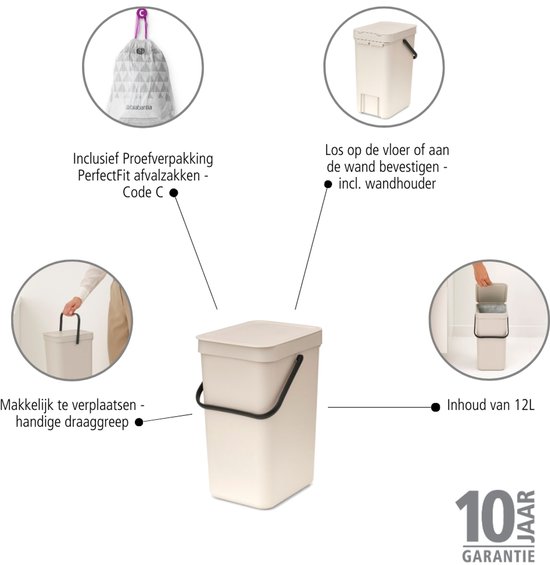 Montage van Brabantia Sort & Go 12L prullenbak: met proefzakken, wandhouder, draaggreep en inhoud.