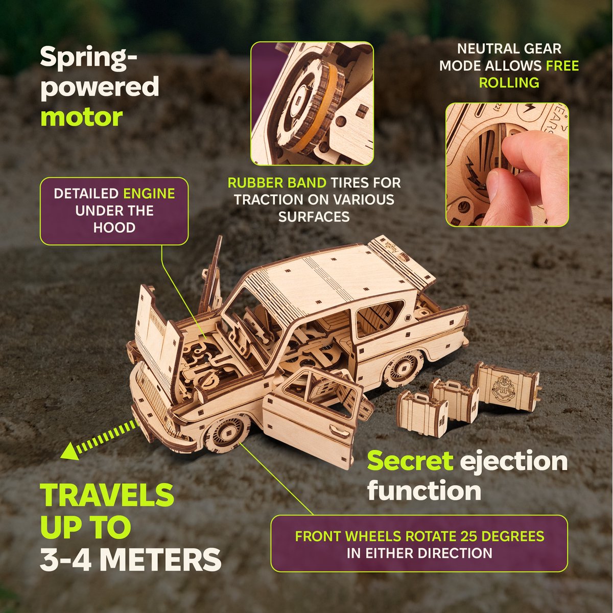 UGEARS 3D Modelbouw - Flying Ford Anglia™ - Harry Potter™ - Mechanisch Bouwpakket Hout - Educatief Speelgoed — afbeelding 4