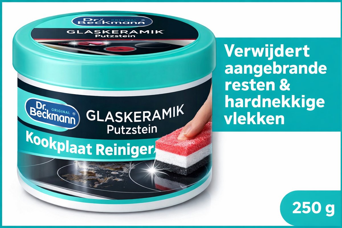 Dr. Beckmann Glaskeramiek Reinigingssteen 250 g – Kookplaat Reiniger met Speciale Spons – Verwijdert Aangebrande Vlekken en Hardnekkig Vuil