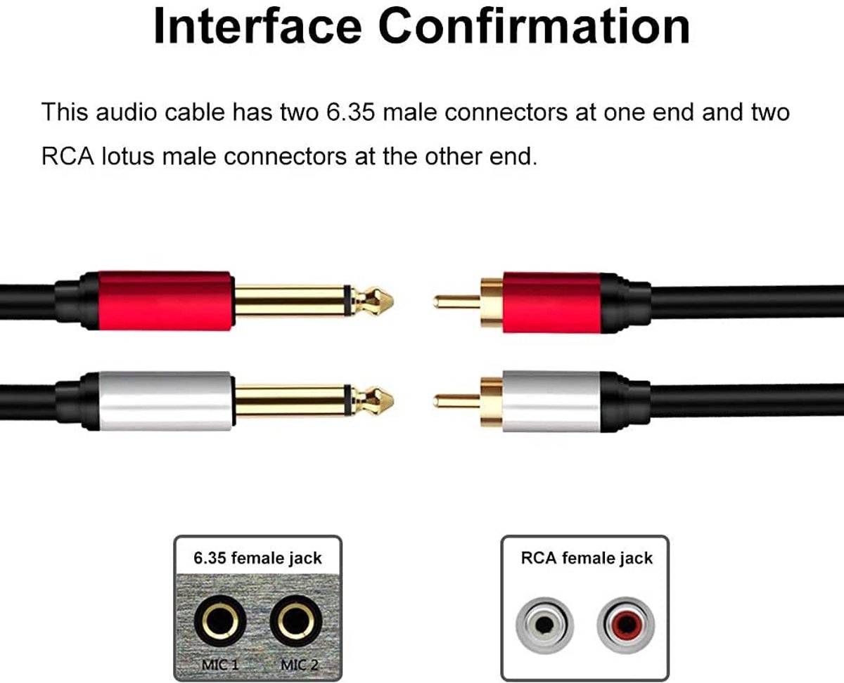 Stereo audio interconnect kabel 2 x 6,35 mm naar 2 RCA – 5M splitter adapter