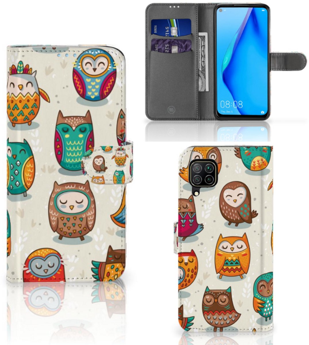 Huawei P40 Lite Telefoonhoesje met Pasjes Vrolijke Uilen