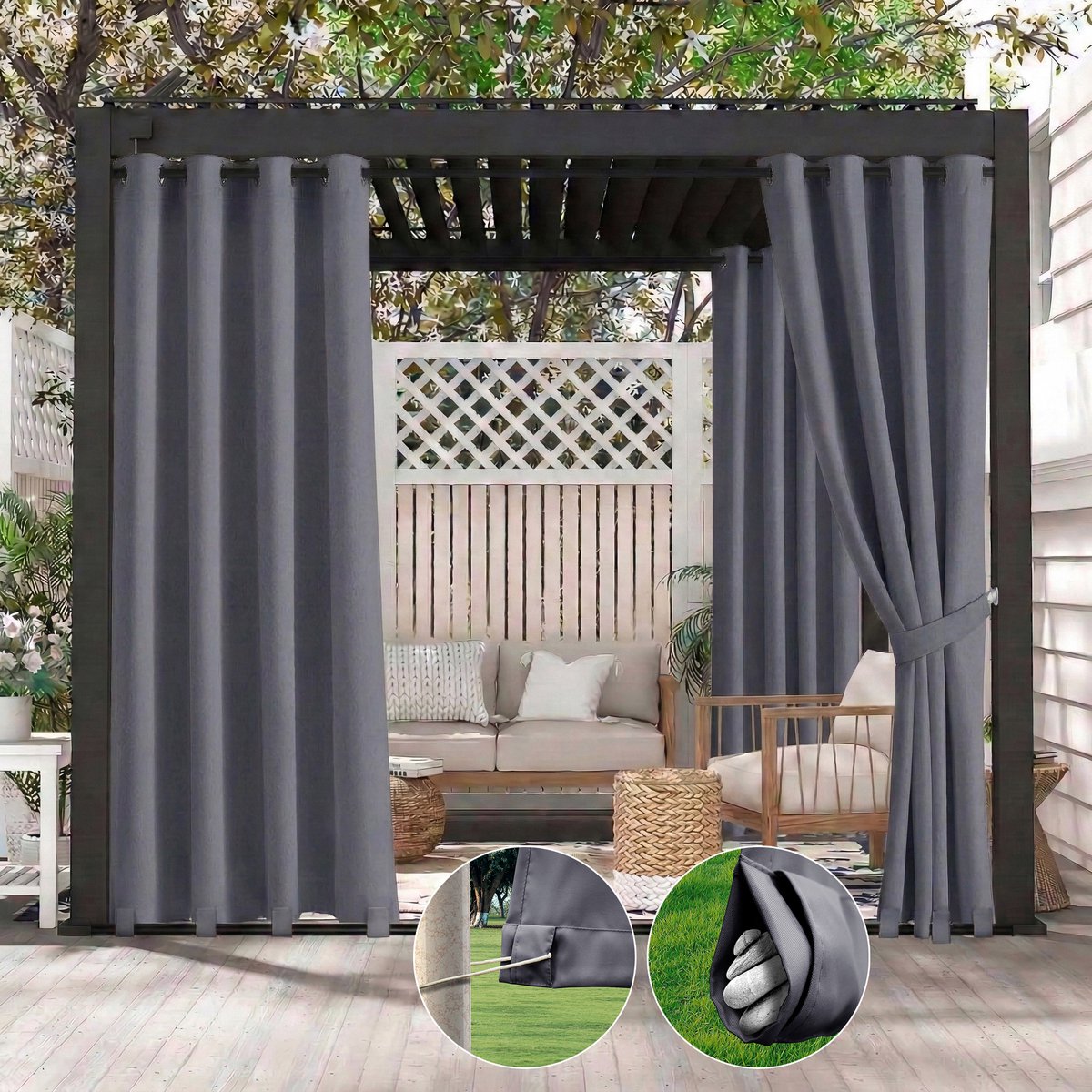 Qelus 2 Stuks Buitengordijnen Winddicht & Waterdicht - Outdoor Gordijn met Oogjes (Boven) en Anti-wind Lussen (Onder) - Weerbestendig voor Pergola - 132x213cm - Donkergrijs